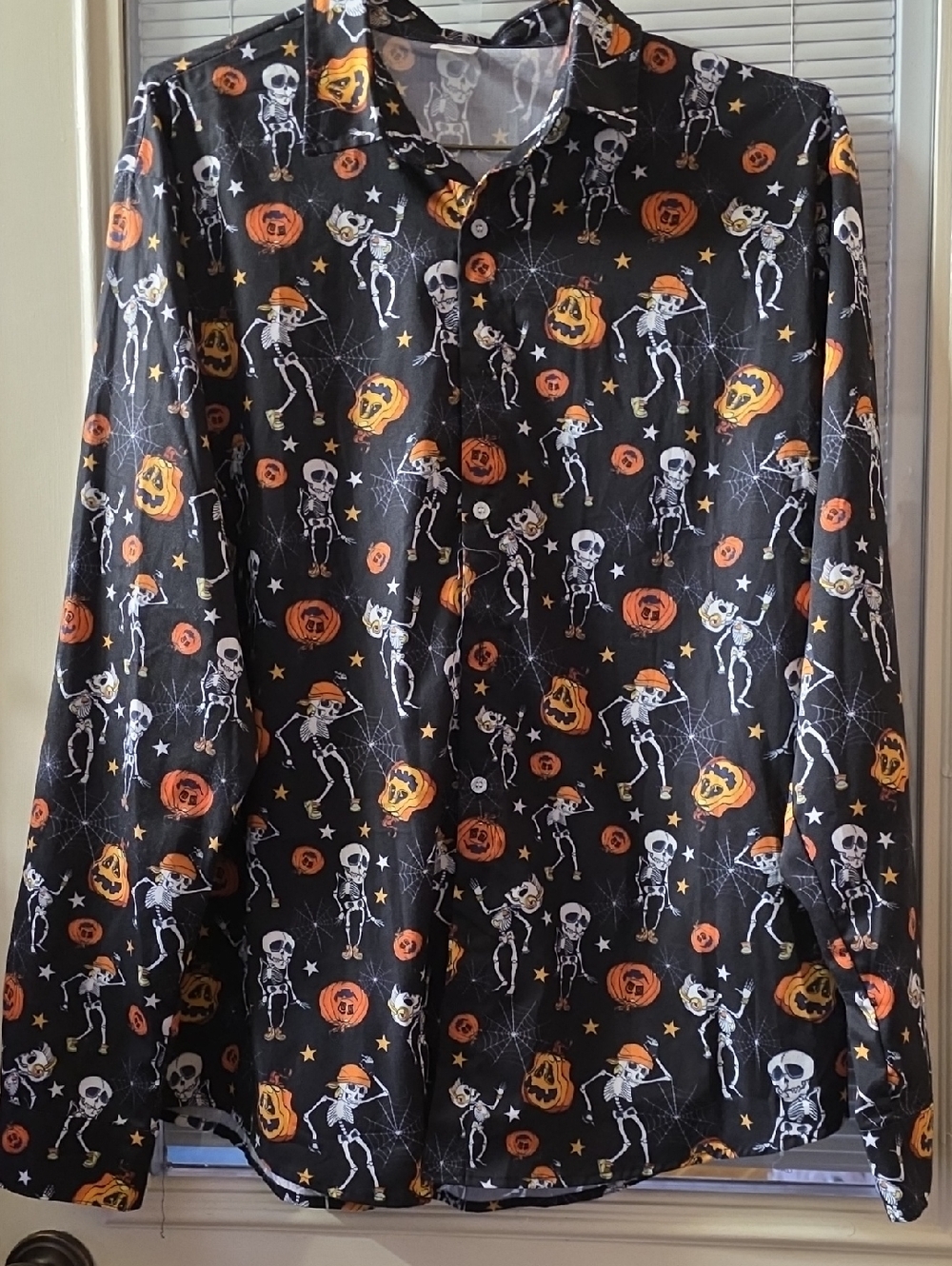 Halloween Skeleton & Pumpkin Button-Up Shirt - Black & Orange